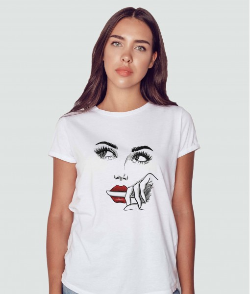 Дамска тениска с щампа Арт Wondering face with finger in the lips